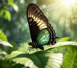 Macro image of a Papilio butterfly resting on a green leaf in the sunlight, leaf, sunlight, veins