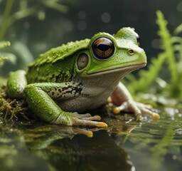Fototapeta premium Macro shot of Italian tree frog blending with algae, tiny, environment