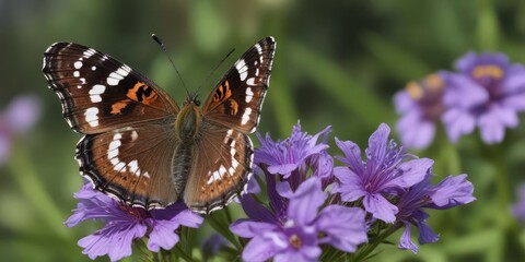 Macro shot of spotted admiral butterfly on purple wildflower, vibrant, insects