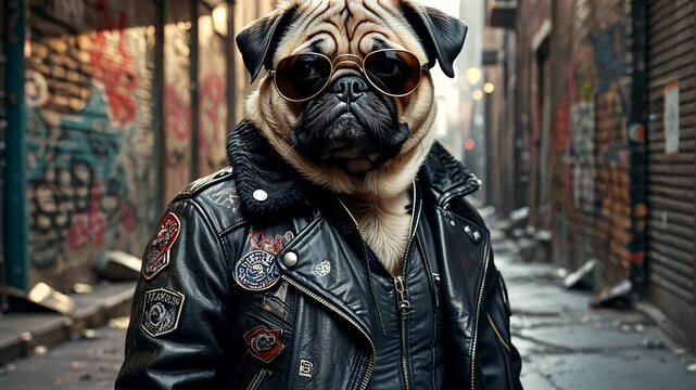 A pug dog wearing sunglasses and a black leather jacket, standing confidently on a city street, exuding cool and rebellious energy. Concept of humor and unique pet fashion