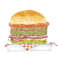Illustration Watercolor Double Burger with Tomatoes, Pickles, Onions, Mustard, Ketchup, Lettuce, Box with Red and White Napkin, Clipart for Print, Web and Textile