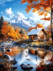 Fototapeta premium Autumn Cabin by the River in the Mountains