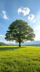 Fototapeta premium solitary oak tree stands tall in lush green field under bright sky