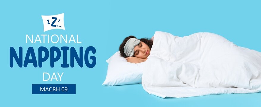 Banner for National Napping Day with sleeping African-American woman