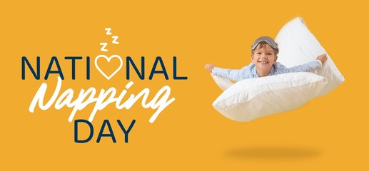 Banner for National Napping Day with happy flying little boy