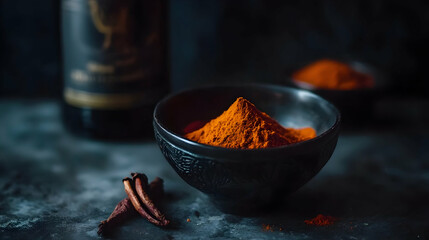 Dark bowl of paprika spice, cloves, blurred bottle background, food photography, recipe ingredient