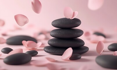 Spa stones, petals, pink background, serenity, wellness