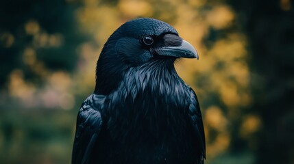 Fototapeta premium Close up portrait of a black raven with a blurred background.