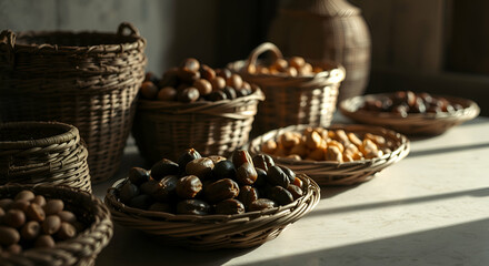 A beautifully arranged Ramadan food platter with dates, figs, stuffed grape leaves, Arabic pastries like baklava, and a teapot of mint tea. Served in hand-painted ceramic bowls with intricate designs.