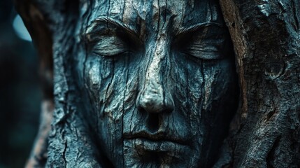Closeup of a human face covered in bark with eyes closed, creating a mystical and surreal image.