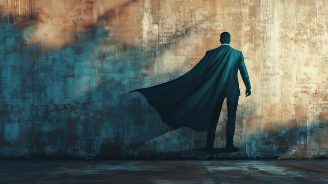 Businessman silhouette with an exaggerated cape shadow on a grunge concrete wall, creating an impactful visual statement 