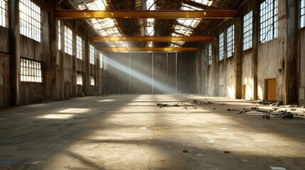 Obraz premium Abandoned Industrial Warehouse Interior with Sunlight Beaming Through Windows and Dust Particles in the Air