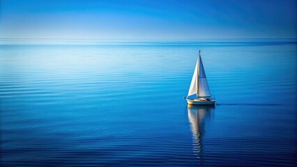 Navy background with a small sailboat sailing on calm blue waters, ocean views, calm water, peaceful scene, seagull, navy background