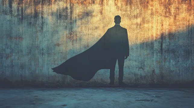 Businessman silhouette with an exaggerated cape shadow on a grunge concrete wall, creating an impactful visual statement
