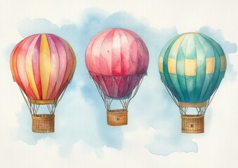 Colorful Hot Air Balloons Watercolor Illustration in Blue Sky Background