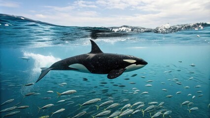 Naklejka premium Orca whale swimming through a school of fish in the ocean, sea creatures, fish, aquatic, water