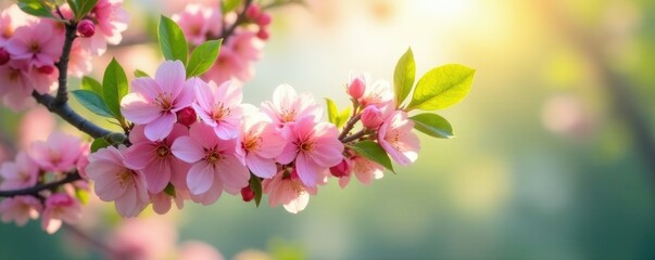 Blooming cherry blossom branches with green leaves, , spring, sunlight filtering