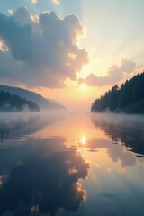Sparkling silver mist rises from a calm lake surface at dawn, nature, clouds