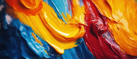 Close-up of vibrant, thick oil paint strokes in blue, red, and yellow.