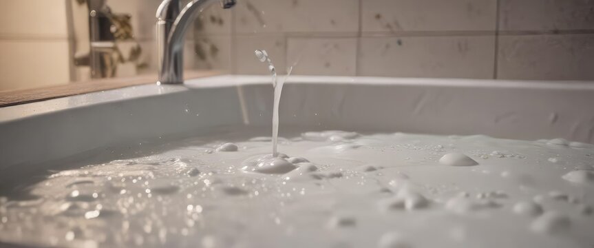Kniegelen in einem Bad mit Milch und Wassertropfen, milchfarbenlicht, feuchtigkeit