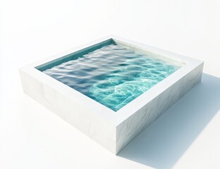 Square plunge pool with clear water in a white marble container.