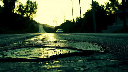 Damaged road asphalt closeup, sunset highway, car driving away, rural setting; travel, stock photo