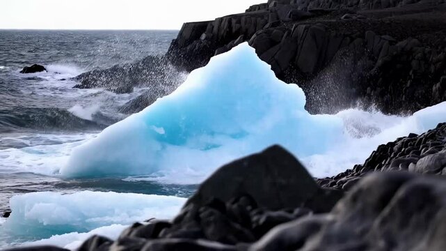 Brilliant blue iceberg framed by dark rocky cliffs, creating a striking contrast in the Arctic seascape. The icy formation glows under natural light. Concept of nature&rsquo;s contrast and extreme polar bea