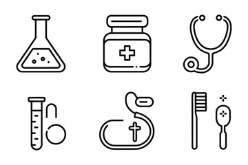 Medical Line Icons Set – Lab Glassware, Pharmacy, Stethoscope, Test Tube, Toothbrush, Blood Sugar Test