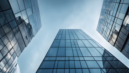 Low-angle view of modern glass skyscrapers against a clear blue sky, showcasing architectural design and urban development.