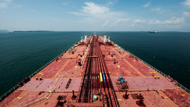 Oil tanker loaded condition bow view crossing east China Yellow sea day