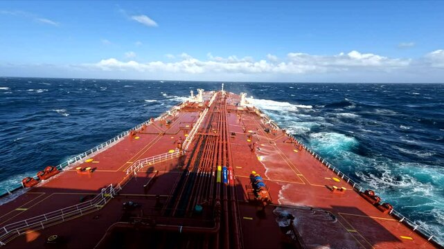 Oil Tanker Bow Cutting Sea Waves Crossing Persian Gulf on a Sunny Day