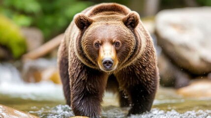 Obraz premium Majestic Brown Bear Walking Through Clear Stream in Forest Landscape