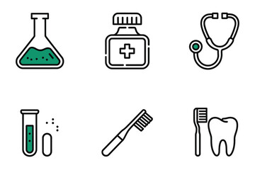 Medical Line Icons Set – Lab Glassware, Pharmacy, Stethoscope, Test Tube, Toothbrush, Blood Sugar Test