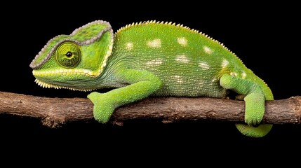 Fototapeta premium Vibrantly Colored Chameleon Resting on Branch Against Black Background