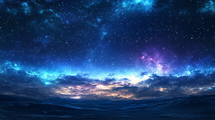 A stunning panorama of a star-studded sky above an isolated desert dune, illuminated by the soft glow of distant galaxies very beautiful view