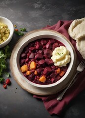 Hearty bowl of beetroot stew with mashed potatoes , hearty beef stew, savory flavors