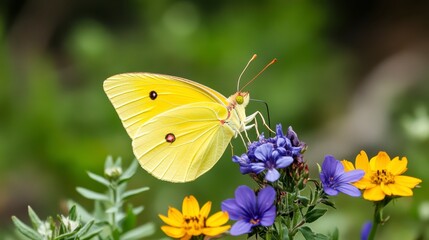 Yellow Butterfly Feeding on Colorful Wildflowers in Nature's Beauty