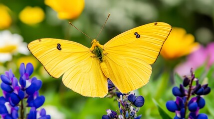 Obraz premium Vibrant Yellow Butterfly Resting on Beautiful Colorful Flowers