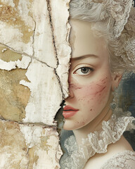 Marie Antoinette concept. Creative collage of the beautiful last queen of France using mix of different techniques. Close up portrait. Avant-garde postcard, poster style