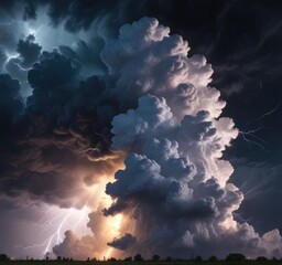 Intense thunderstorm with billowing cumulonimbus cloud and flashes of lightning illuminating the dark sky, atmospheric turbulence, severe thunderstorm, intense electrical activity