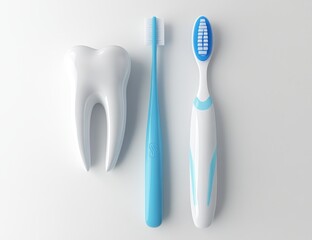 White tooth model with blue manual and electric toothbrushes on white background.