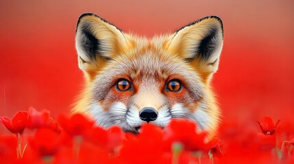 Red Fox Surrounded by Vibrant Poppies in Colorful Spring Landscape