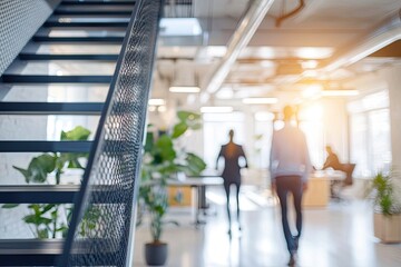 Obraz premium Blurred business people walking in corridor of modern office building, panoramic banner. Business concept