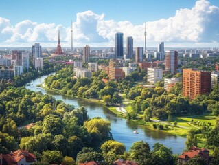 Wrocław Cityscape featuring Modern Architecture Parks and the Rędziński Bridge © btiger