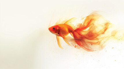 Orange goldfish swimming, vibrant white background.