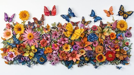 Fototapeta premium Colorful paper flowers & butterflies art, white background, home decor