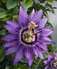 large exotic purple blooms on passion flower vines, outdoor, colorful