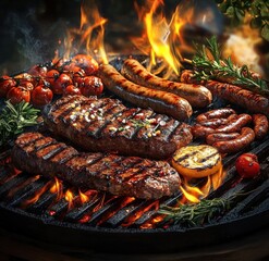 Grilled Beef Steaks Sausages and Vegetables Sizzling on BBQ with Flames and Smoke