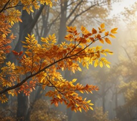 Leafy branch with orange and yellow autumn colors, autumn leaves, golden hues , fall foliage