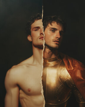 Renaissance Epoch concept. Creative collage of the handsome men using mix of different techniques. Close up portrait. Avant-garde art postcard, poster style